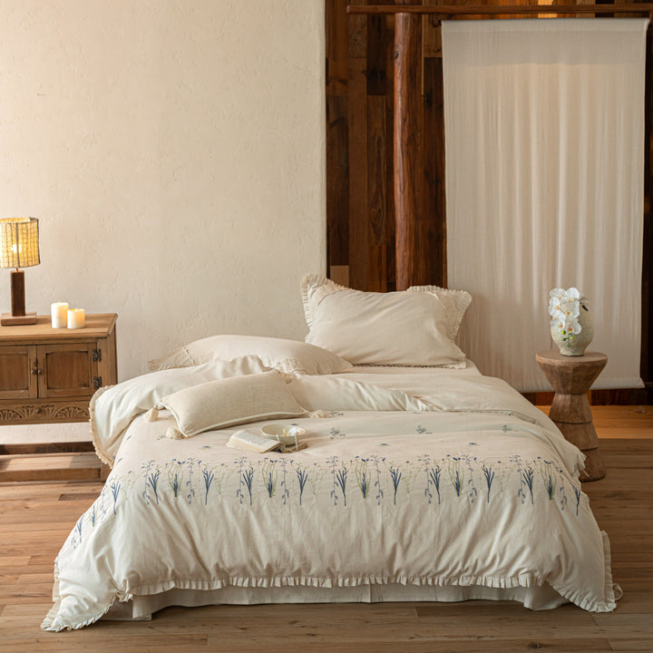 Botanical Embroidered Cotton Sateen Duvet Cover Set with Ruffled Edge