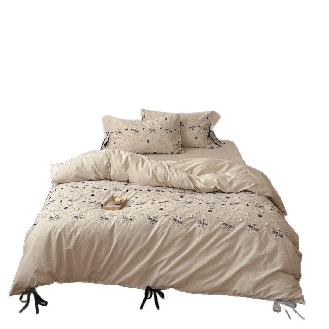 Embroidered Linen-Blend Duvet Cover Set with Butterfly Applique and Corner Tie Closures