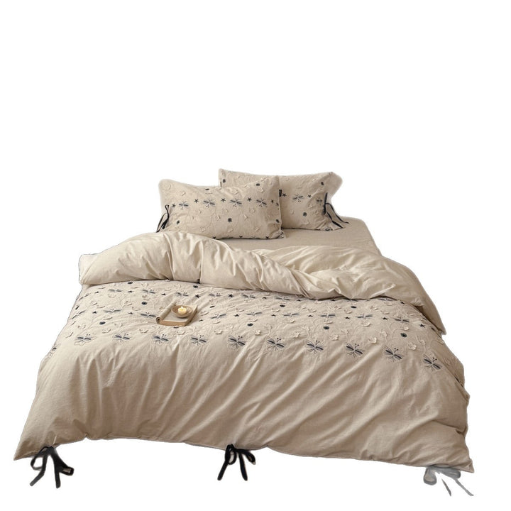 Embroidered Linen-Blend Duvet Cover Set with Butterfly Applique and Corner Tie Closures