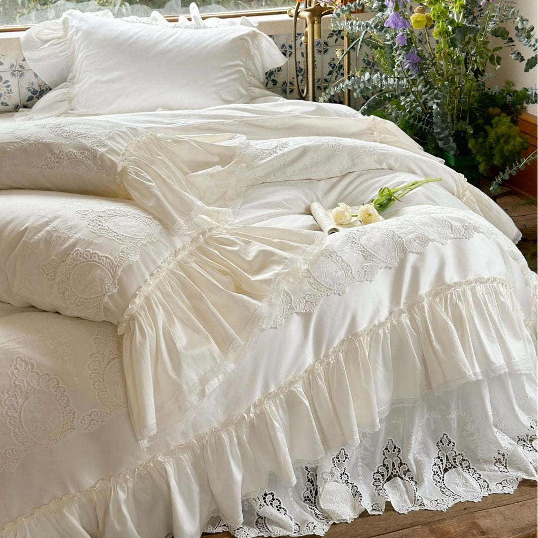 Romantic bedding set with lace embroidery, ruffle and gathered bedskirt