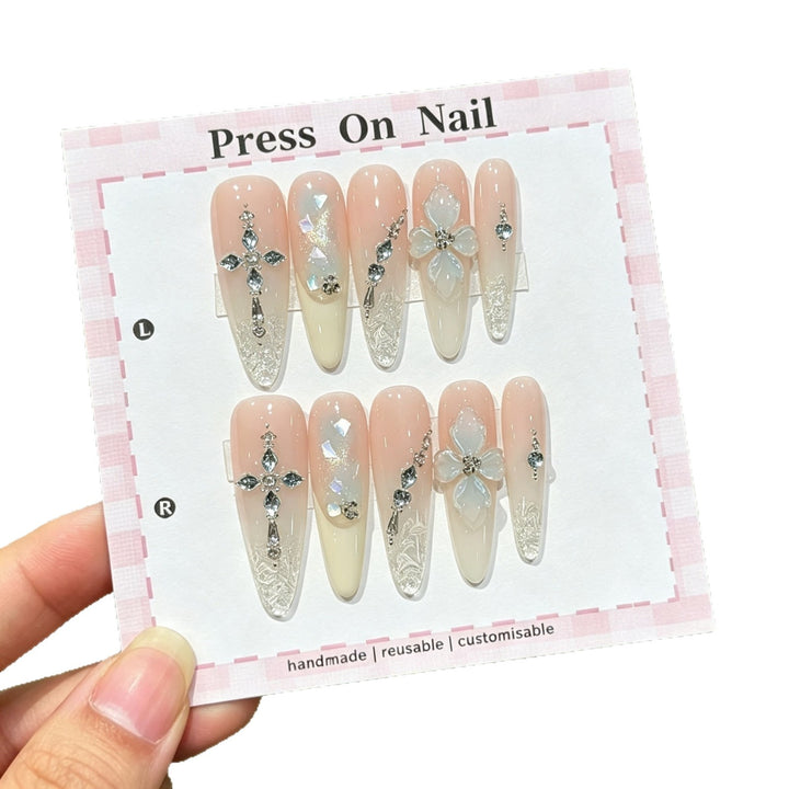 Customizable Press-On Nail Art Set with Decorative Floral and Gem Accents