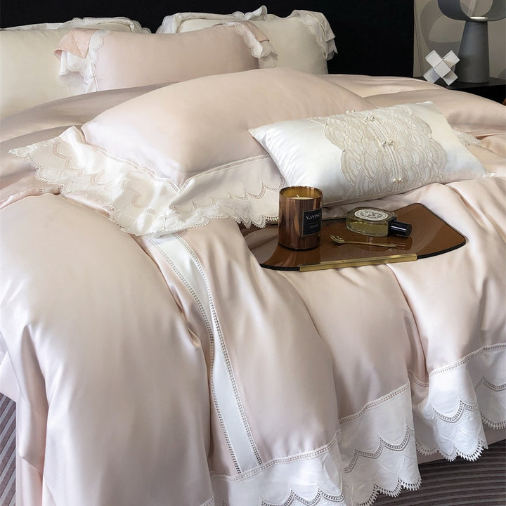 Luxurious satin bedding set with fine lace trim