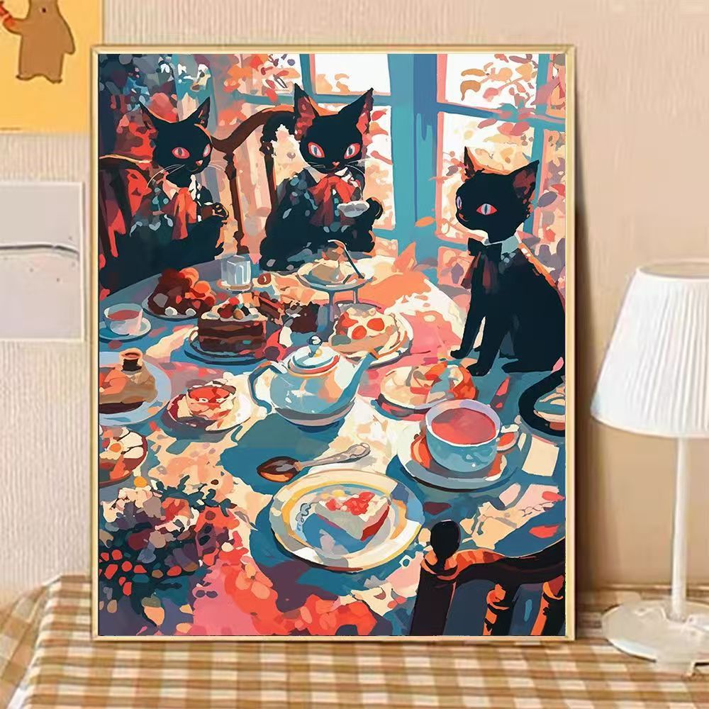 Whimsical Cat-Themed Afternoon Tea Canvas Art Stornfield