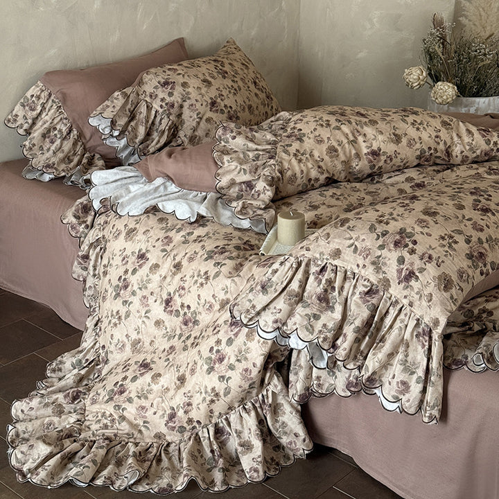Floral Ruffled Scalloped-Edge Duvet Cover Set with Pillow Shams