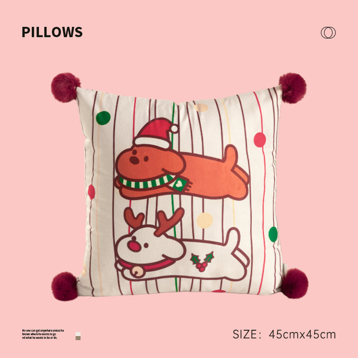 Square Christmas decorative cushion with pom-pom corners and printed dog design