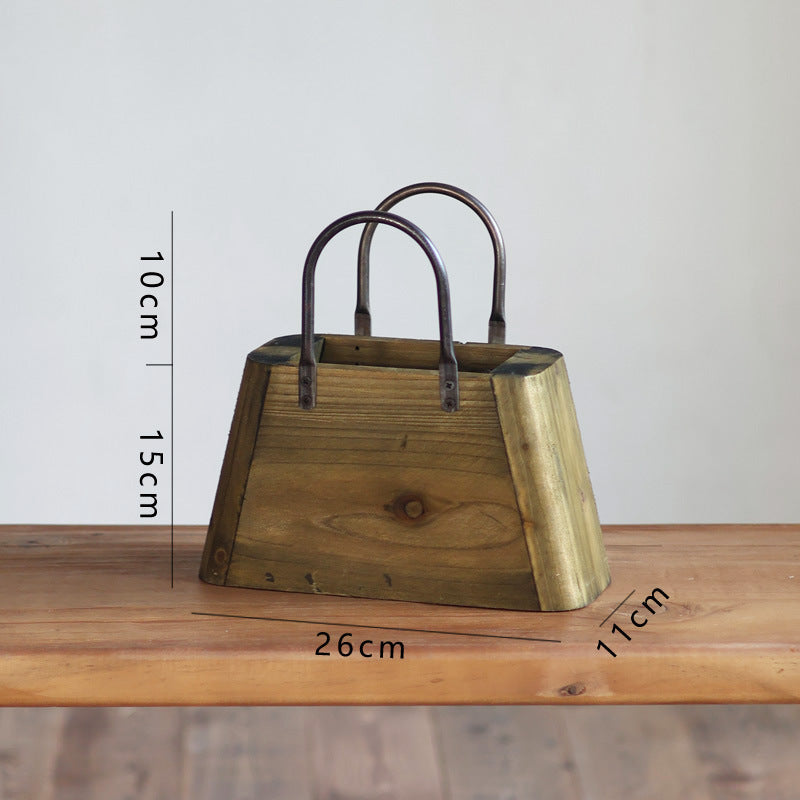 Handcrafted wooden basket with metal handles Stornfield