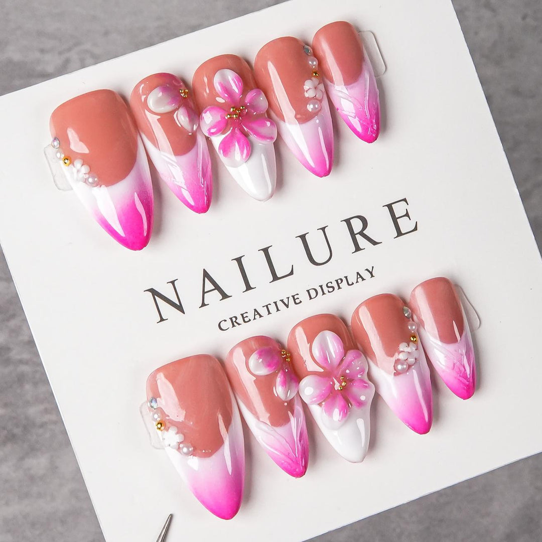 Floral Design Press-On Nail Set with Gem Accents
