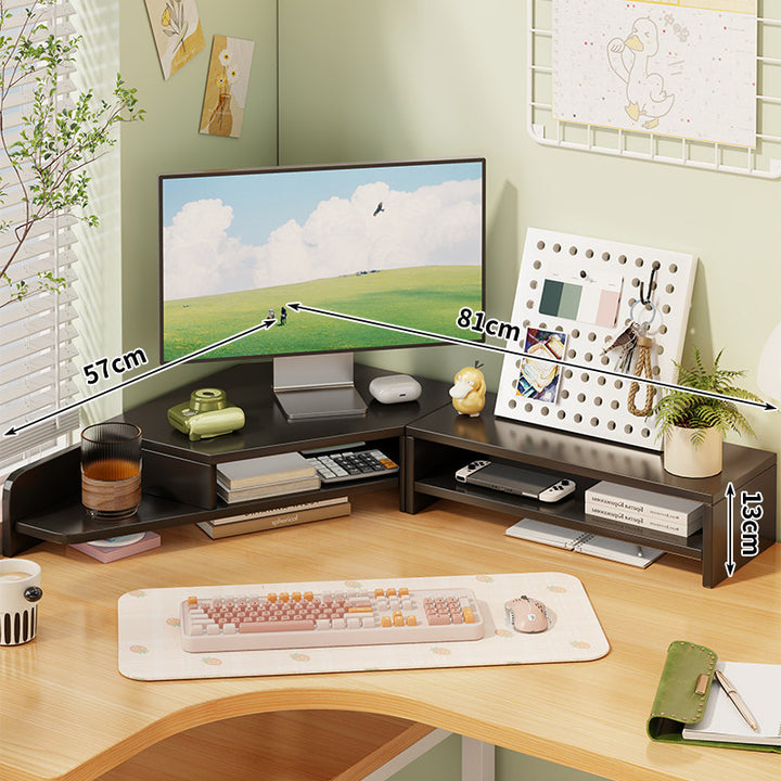 Corner Wooden Monitor Riser with Dual-Tier Storage Shelf