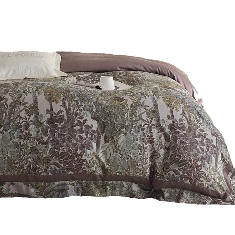 Designer Botanical Printed Sateen Duvet Cover Ensemble with Silk-Feel Border & Pillow Shams
