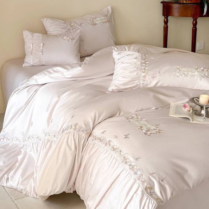Embroidered Satin-Feel Ruffled Duvet Cover Set with Decorative Pillow Shams