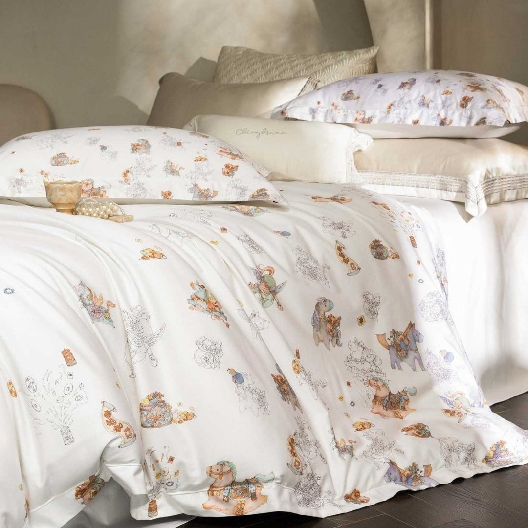 Whimsical Illustrated Cotton Sateen Duvet Cover & Pillowcase Set