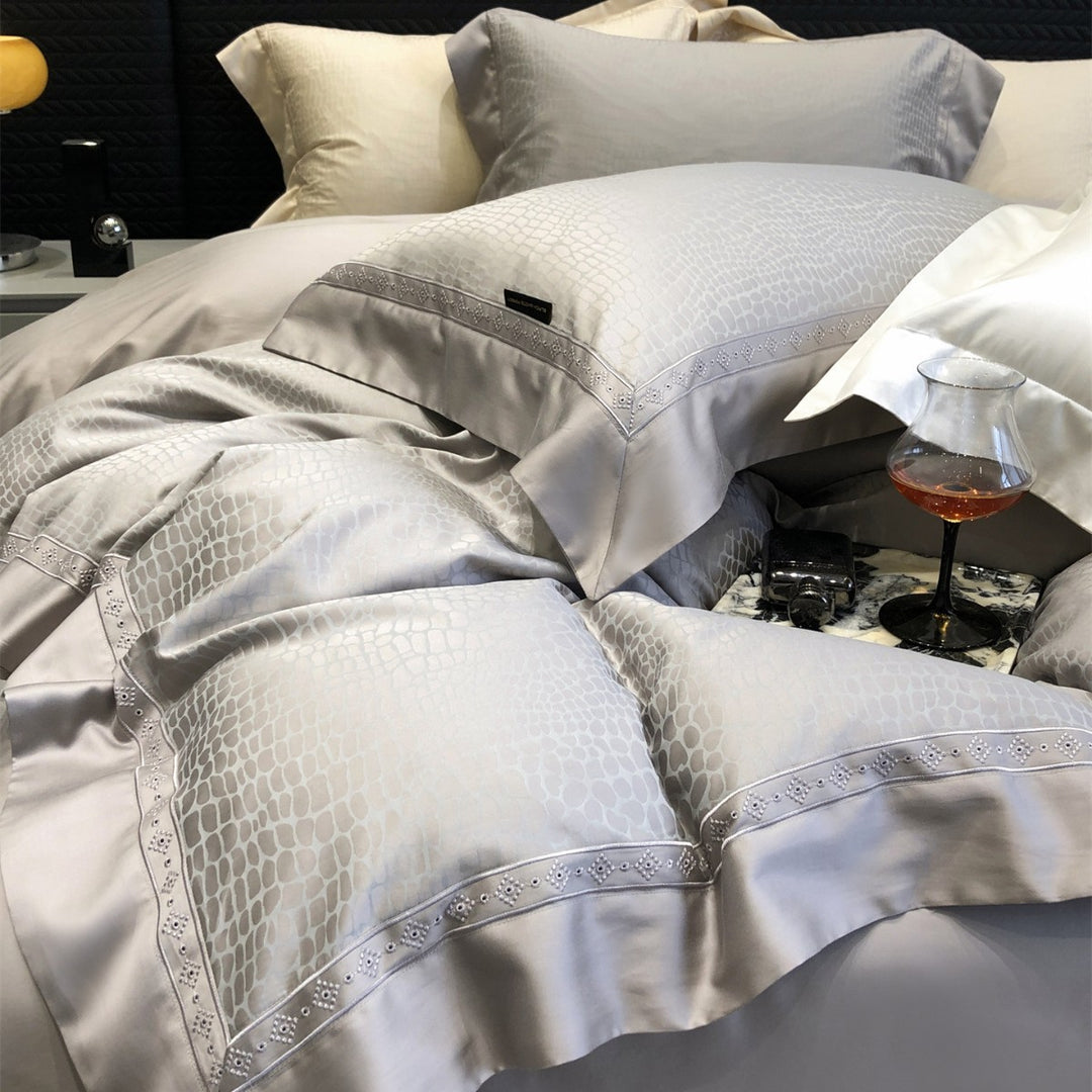 Premium Floral Jacquard Sateen Duvet Cover Set with Embroidered Hem