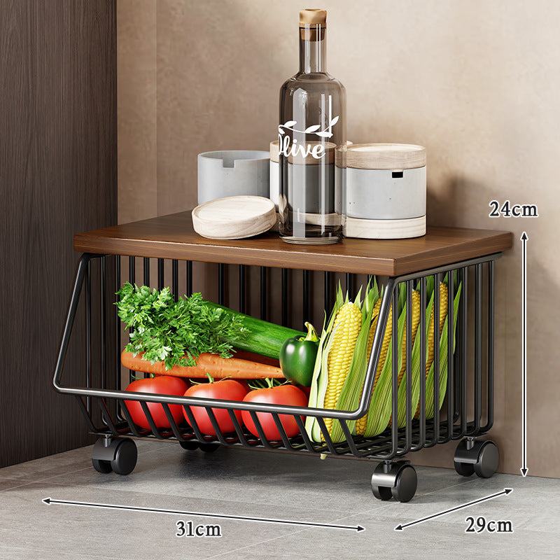 Vertical Five-Tier Rolling Kitchen Produce Storage Cart with Wooden Top and Pull-Out Wire Baskets
