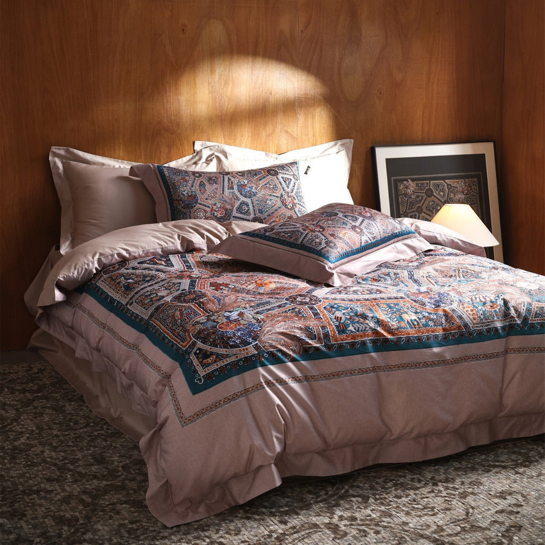 Ornate Mosaic-Print Cotton-Sateen Duvet Cover Ensemble with Solid Sateen Border & Pillow Shams