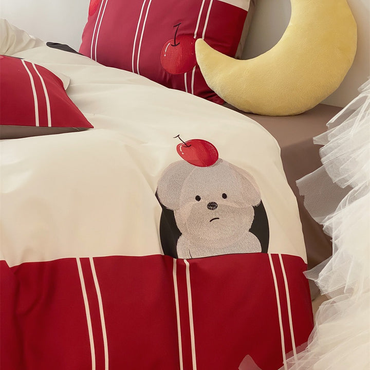 Graphic Cherry Print Cotton Sateen Duvet Cover Set with Contrast Border and Pillow Shams