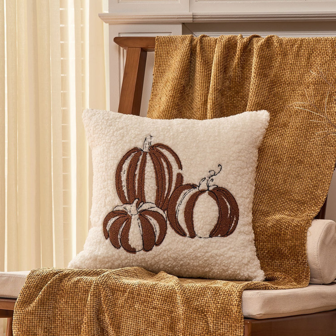 Plush Sherpa Embroidered Pumpkin Throw Pillow