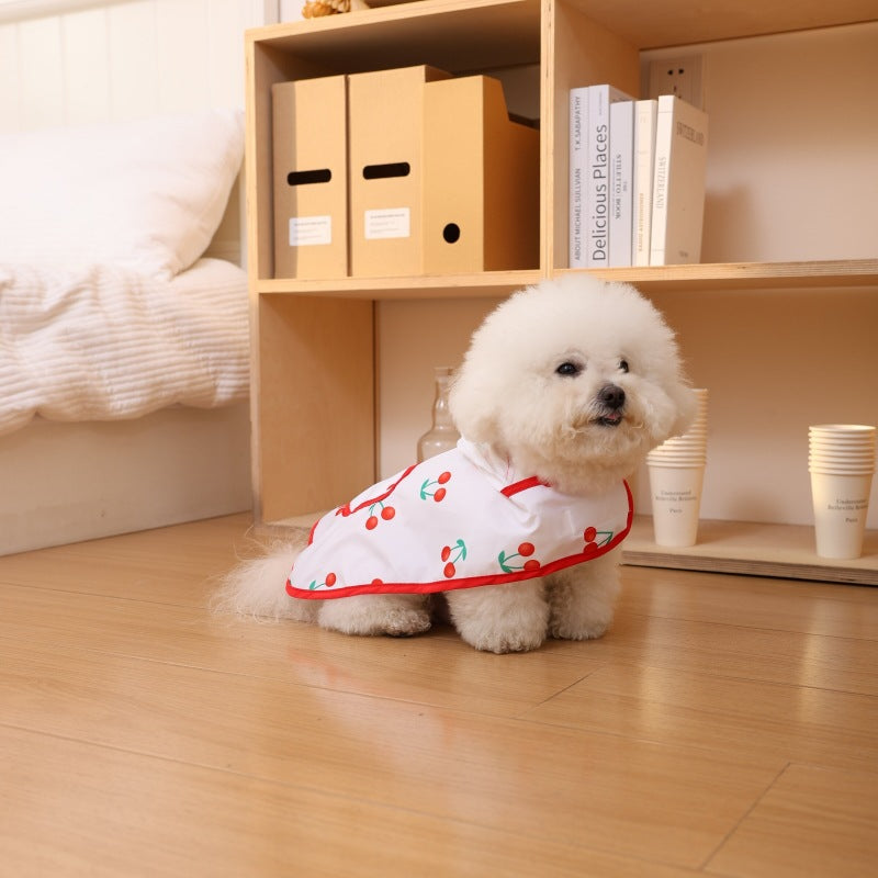 Waterproof Cherry-Print Hooded Dog Raincoat with Clear Visor and Front Pocket