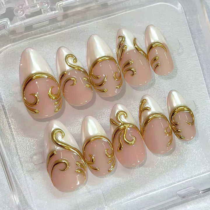 Decorative Press-On Nail Set with Elegant Gold Accents