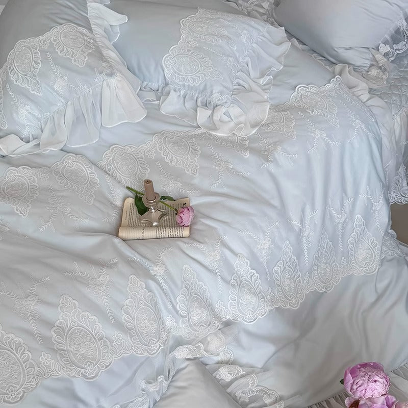 Romantic Ruffled Lace Cotton Sateen Duvet Cover Set with Scalloped Embroidery & Decorative Shams