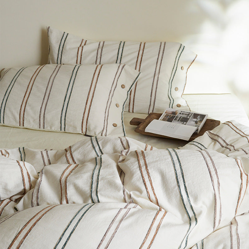 Washed Linen-Cotton Striped Duvet Cover Set with Button-Detail Pillowcases & Corner Ties