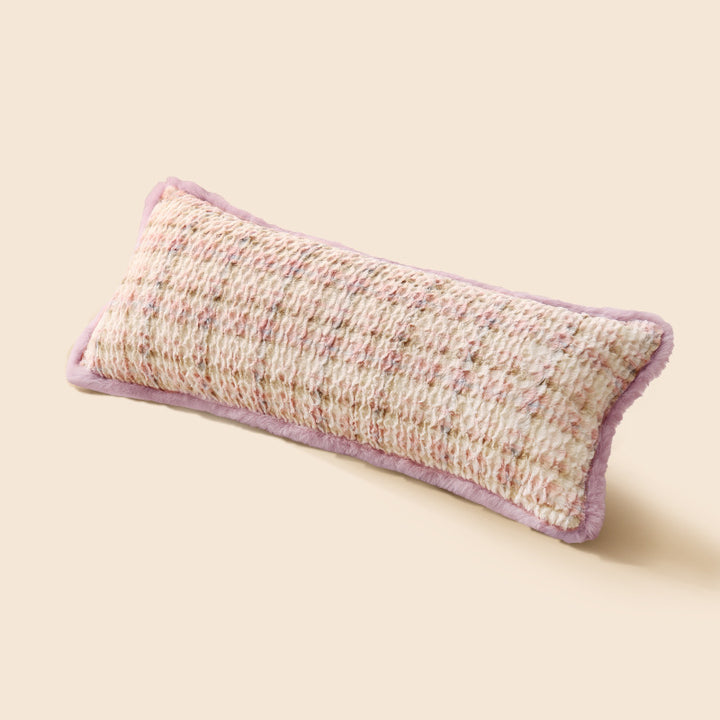 Long lumbar support cushion with patterned bouclé surface and plush trim Stornfield