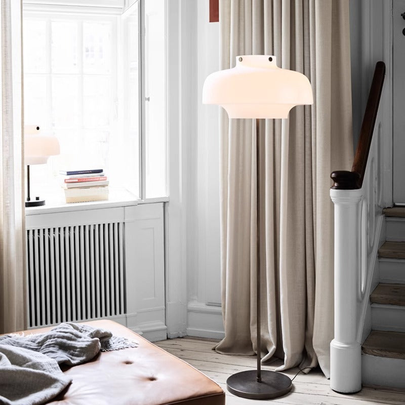 Contemporary Table Lamp with Elegant Opal Glass Shade and Vintage Brass Base