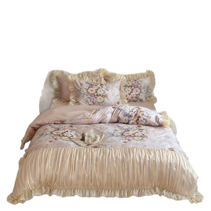 Bedding set with romantic floral pattern and gathered satin frill