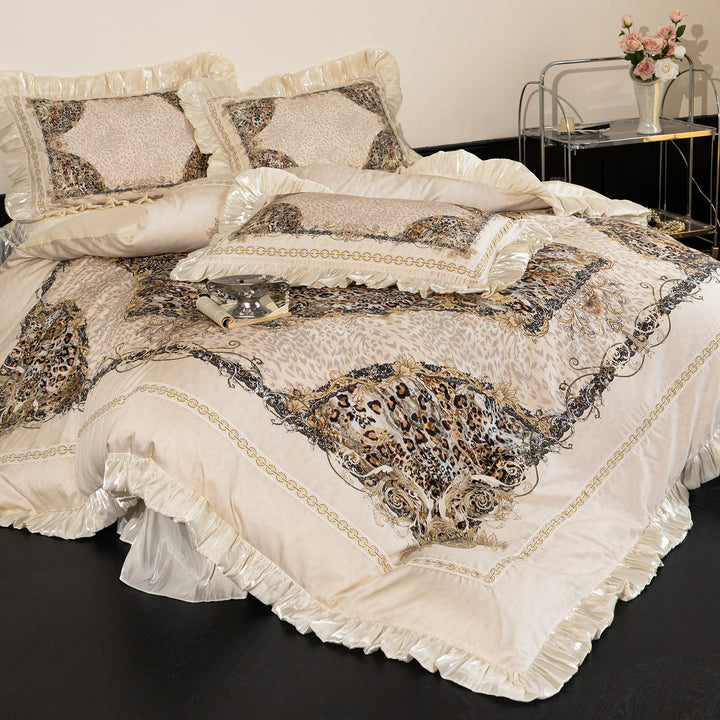Baroque bed linen set with satin ruffles and ornamental print