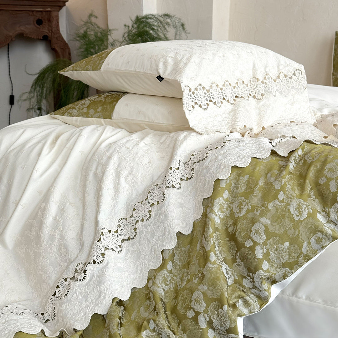 Floral Lace-Trim Cotton Sateen Duvet Cover Set