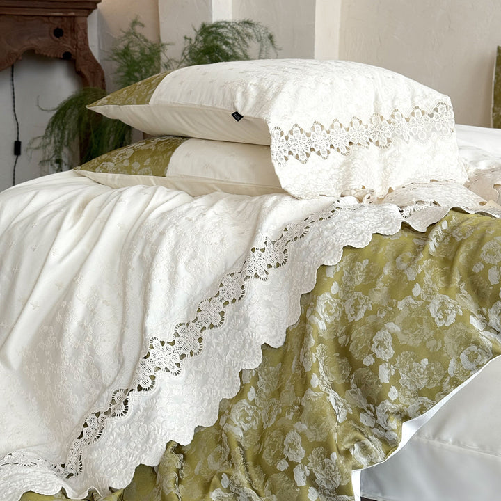 Floral Lace-Trim Cotton Sateen Duvet Cover Set