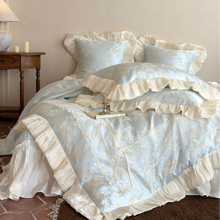 Ruffled Jacquard Floral Satin-Trim Duvet Cover & Sham Set