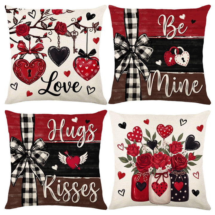 Decorative Cotton-Linen Valentine's Heart and Rose Print Square Throw Pillow Cover with Hidden Zipper