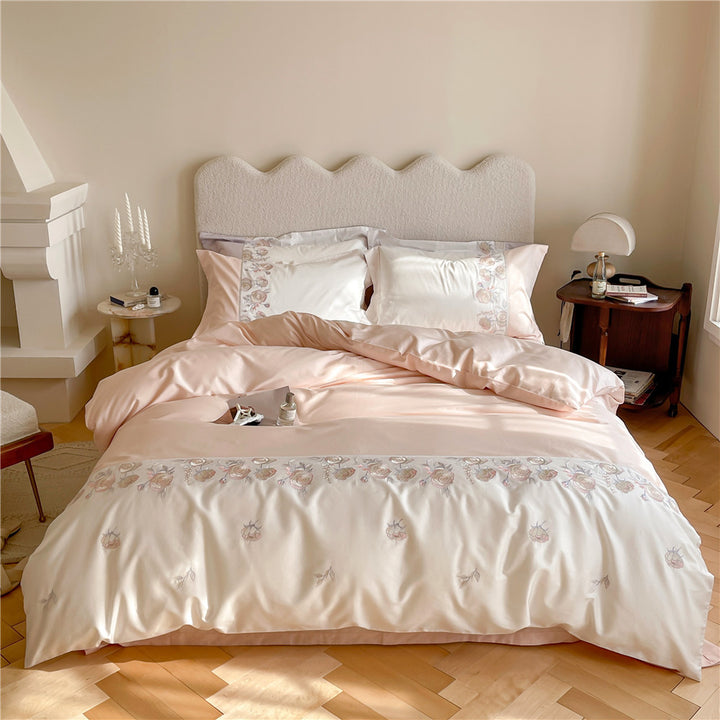 Premium bedding set made of cotton satin with floral border embroidery and reversible function