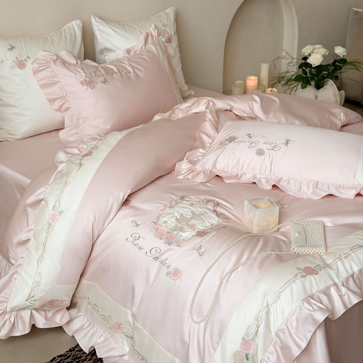 Rose-Embroidered Satin-Blend Ruffled Duvet Cover Set with Lace-Inset Border & Matching Shams