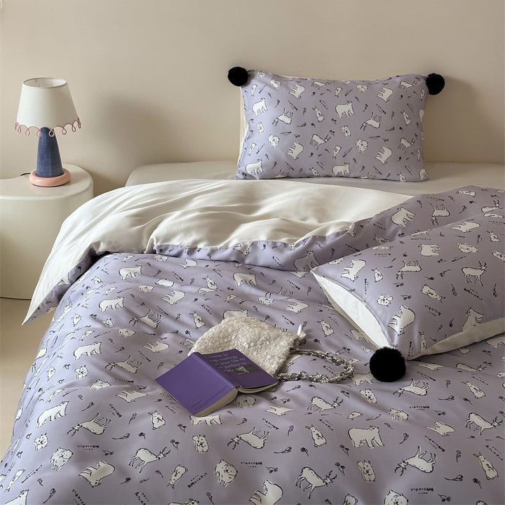 Children's bedding set with cute bunny & strawberry prints, reversible function and pom-pom cushion