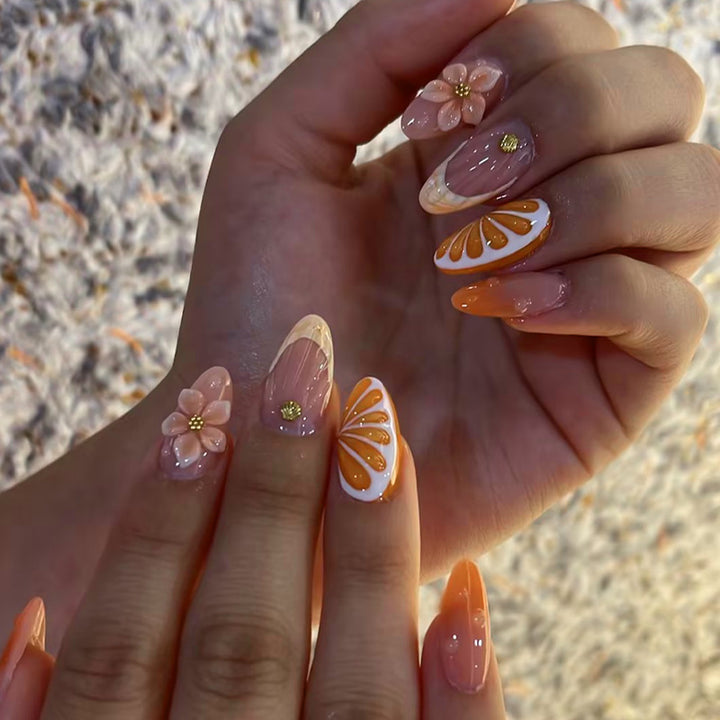 Decorative Press-On Nail Set with Floral and Citrus Accents Stornfield