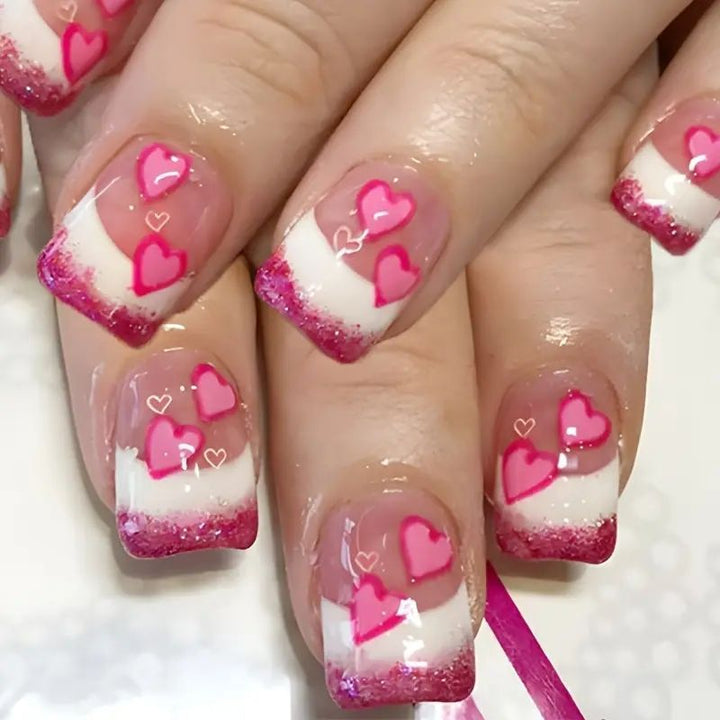 Heart-Embellished French Tip Nail Art Extensions Stornfield