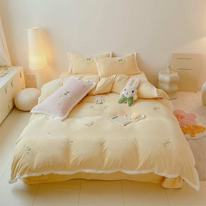 Embroidered Floral Bunny Duvet Cover & Pillowcase Bedding Set