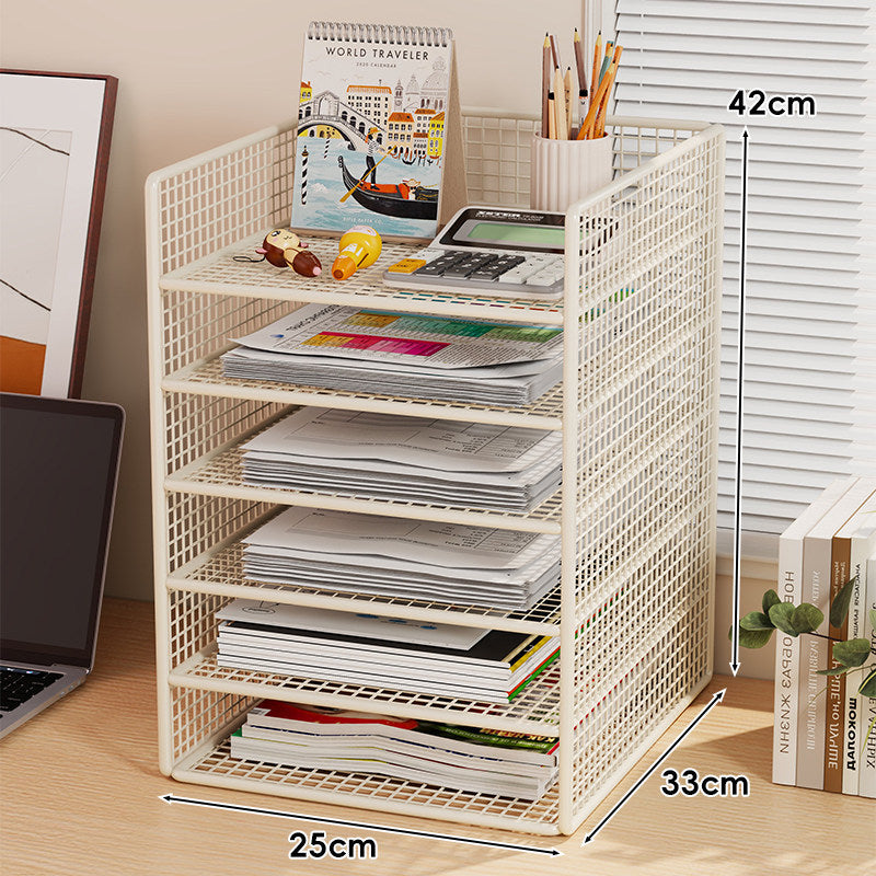 Multi-Tier Metal Mesh Desktop Document and Office Supply Organizer with Pull-Out Trays
