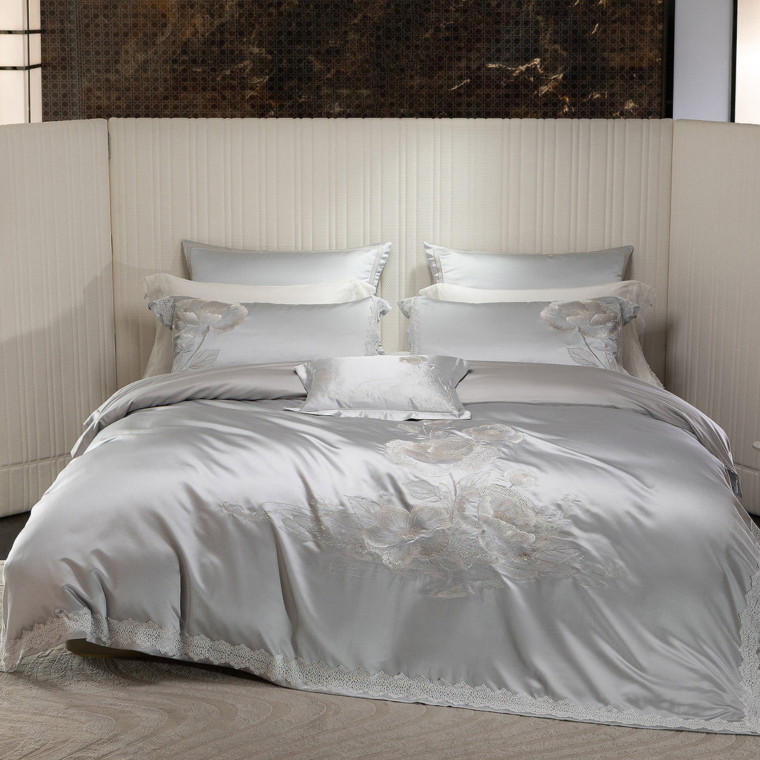 Satin Embroidered Floral Duvet Cover Set with Lace-Edged Pillow Shams