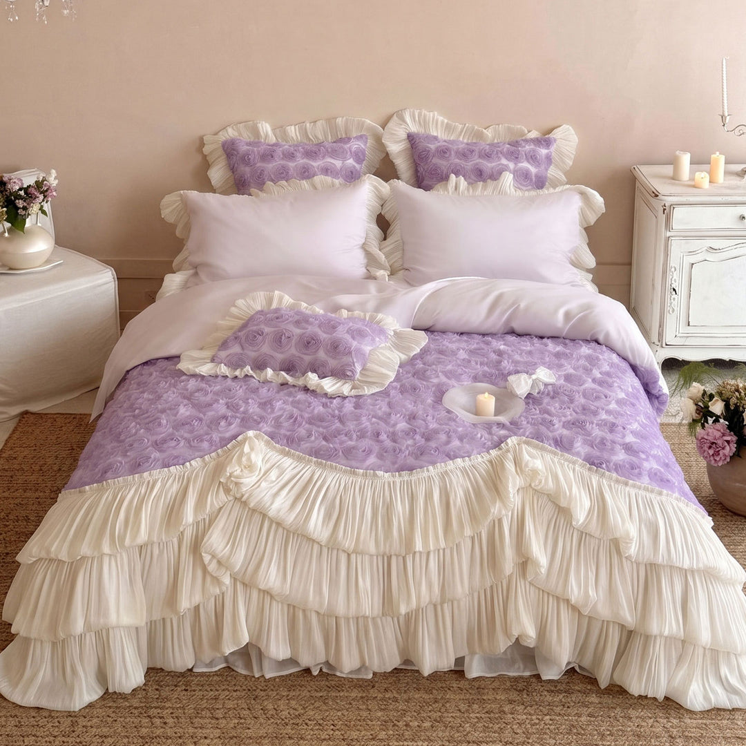 Ruffled Rosette Textured Duvet Cover Set with Pleated Layered Bed Skirt and Frilled Pillow Shams