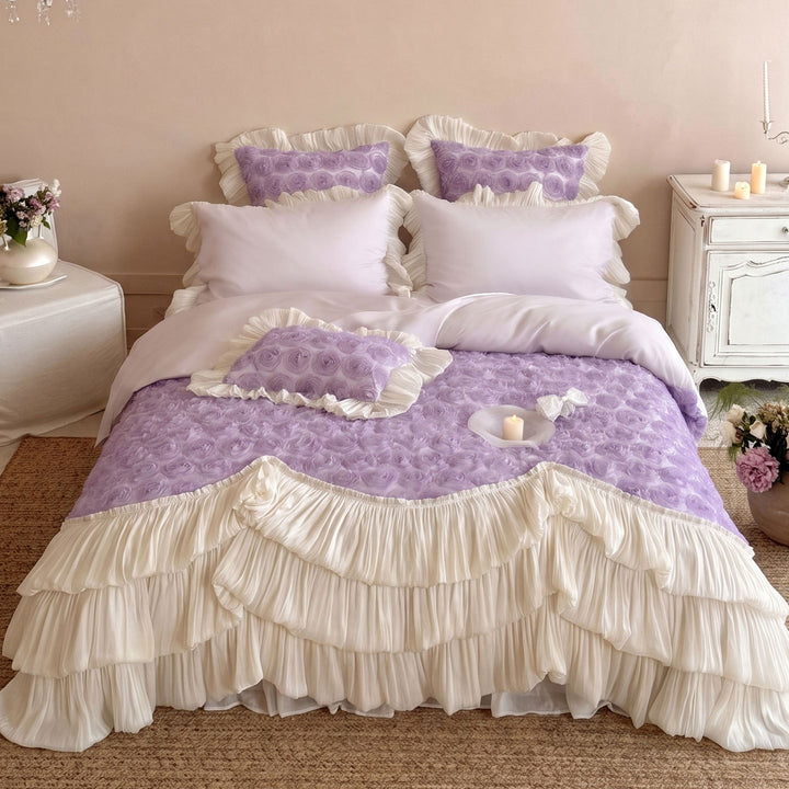 Ruffled Rosette Textured Duvet Cover Set with Pleated Layered Bed Skirt and Frilled Pillow Shams