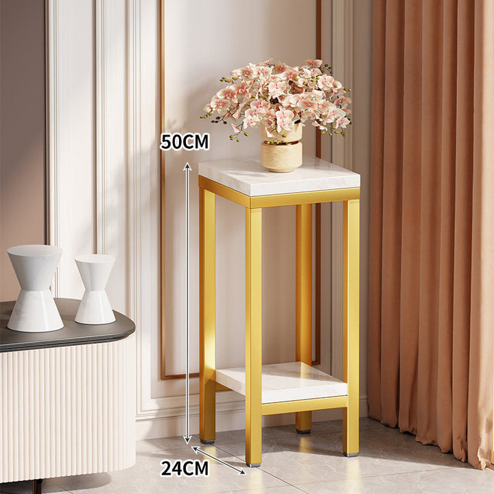 Tall Narrow Marble-Top Plant Stand Side Table with Lower Shelf and Gold Metal Frame
