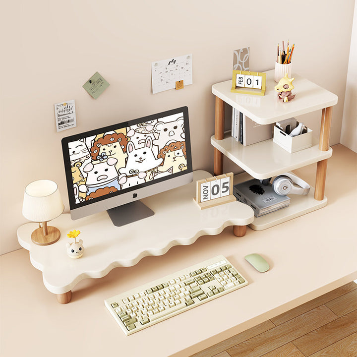 Solid Wood Monitor Riser with Tiered Desk Organizer and Cable Management