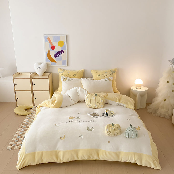 Velvet-Feel Pumpkin Embroidered Duvet Cover & Sham Set