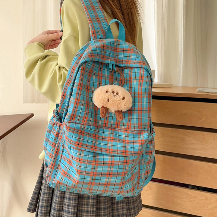 Backpack with Practical Check Pattern and Cute Plush Pendant Stornfield
