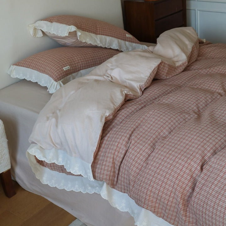 Plaid Cotton-Linen Duvet Cover Set with Ruffled Lace Trim