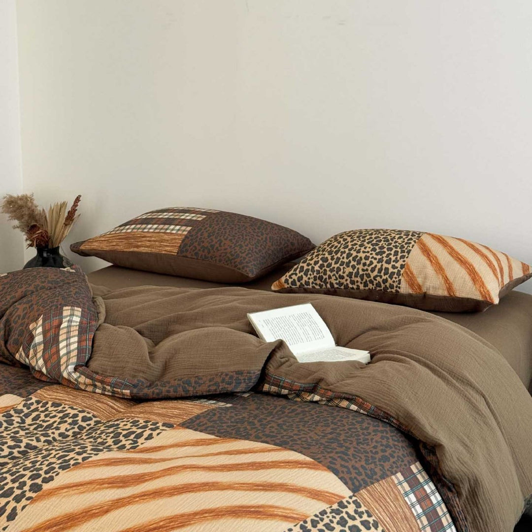 Patchwork Animal-Print Cotton Sateen Duvet Cover Set with Plaid Accents and Reversible Solid Back