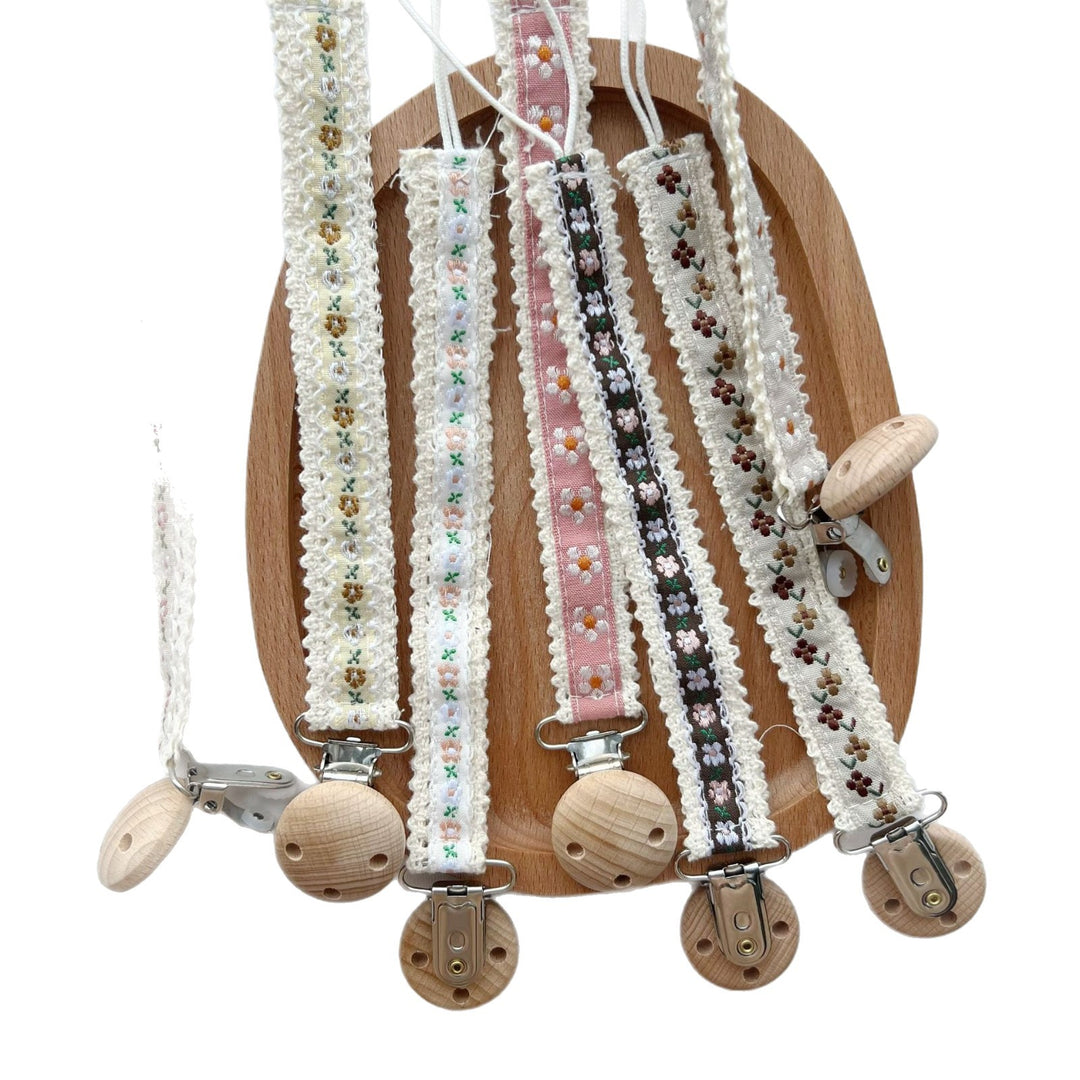 Floral Embroidered Lace Pacifier and Teether Wooden Clip