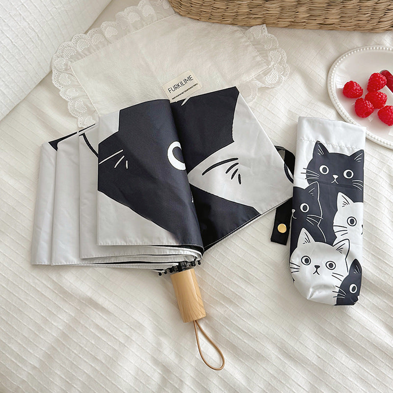 Women Folding Umbrella with Playful Cat Pattern Stornfield